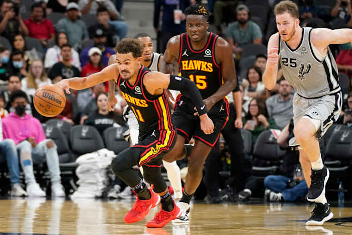 Nov 24, 2021; San Antonio, Texas, USA; Atlanta Hawks guard Trae Young (11) dribbles up court during the second half against the San Antonio Spurs at AT&T Center.